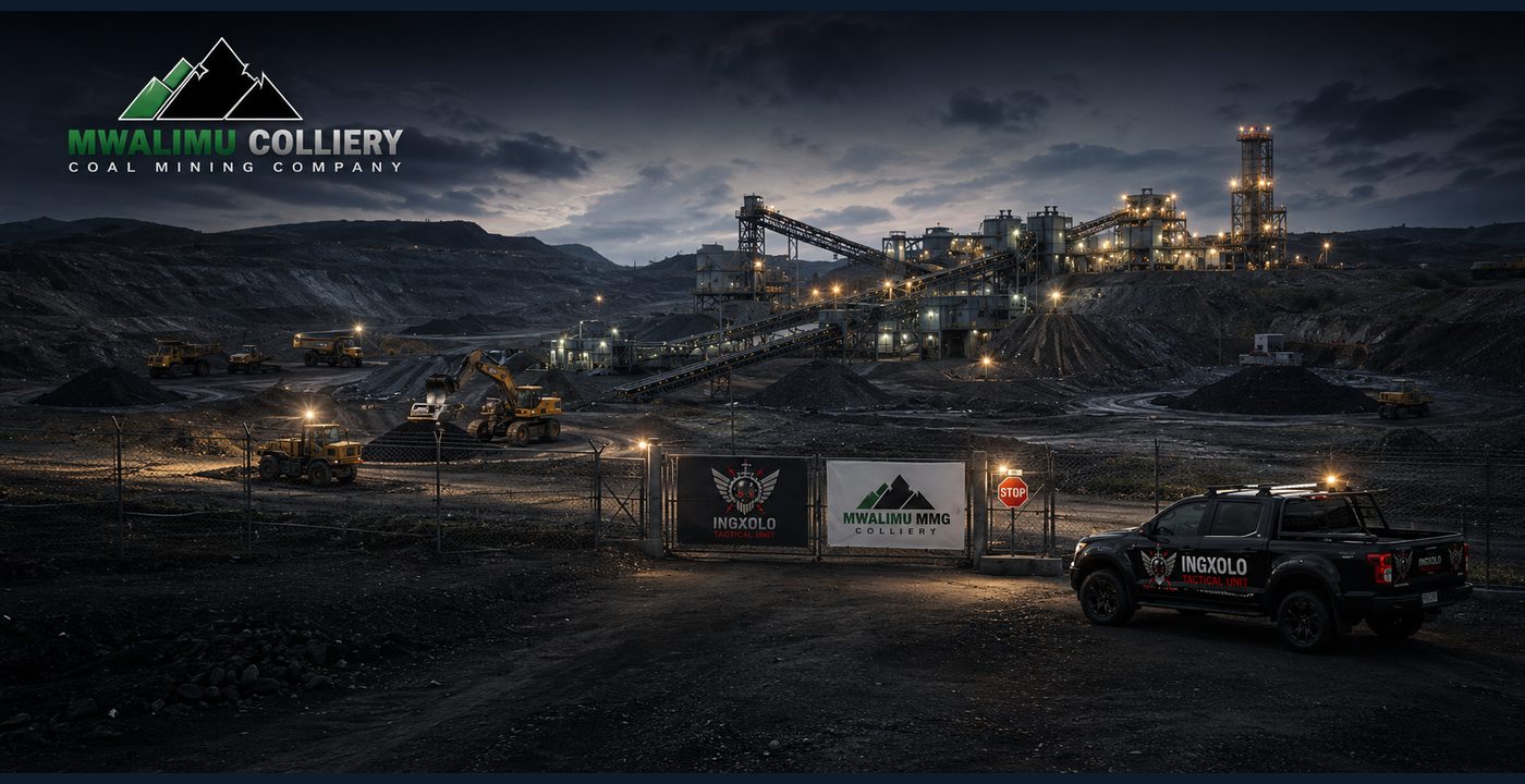 Mwalimu Colliery coal mine gate guarded by iNgxolo Tactical Unit
